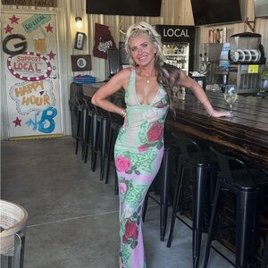 Tiger Mist Pink & Green Rose Print Sheer Maxi Dress Sold Out